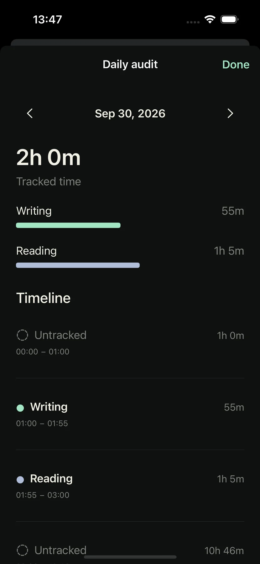 Original Frictionless simulator screenshot showing Writing and Reading totals with tracked intervals and gaps.