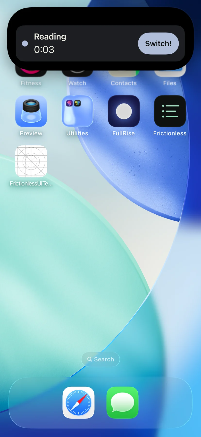 Original Frictionless screenshot of its expanded Live Activity with the current task and elapsed time.