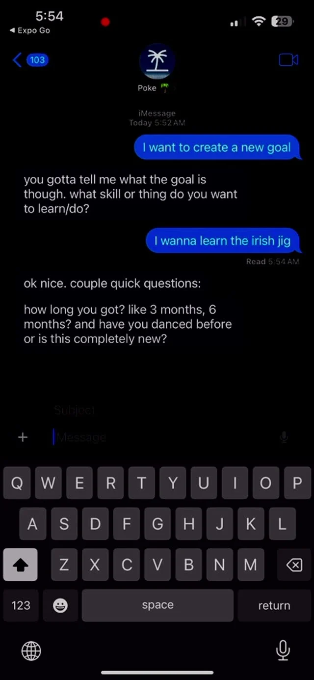 Frame from the original Goaly demo: a Poke conversation asking what skill the user wants to learn.