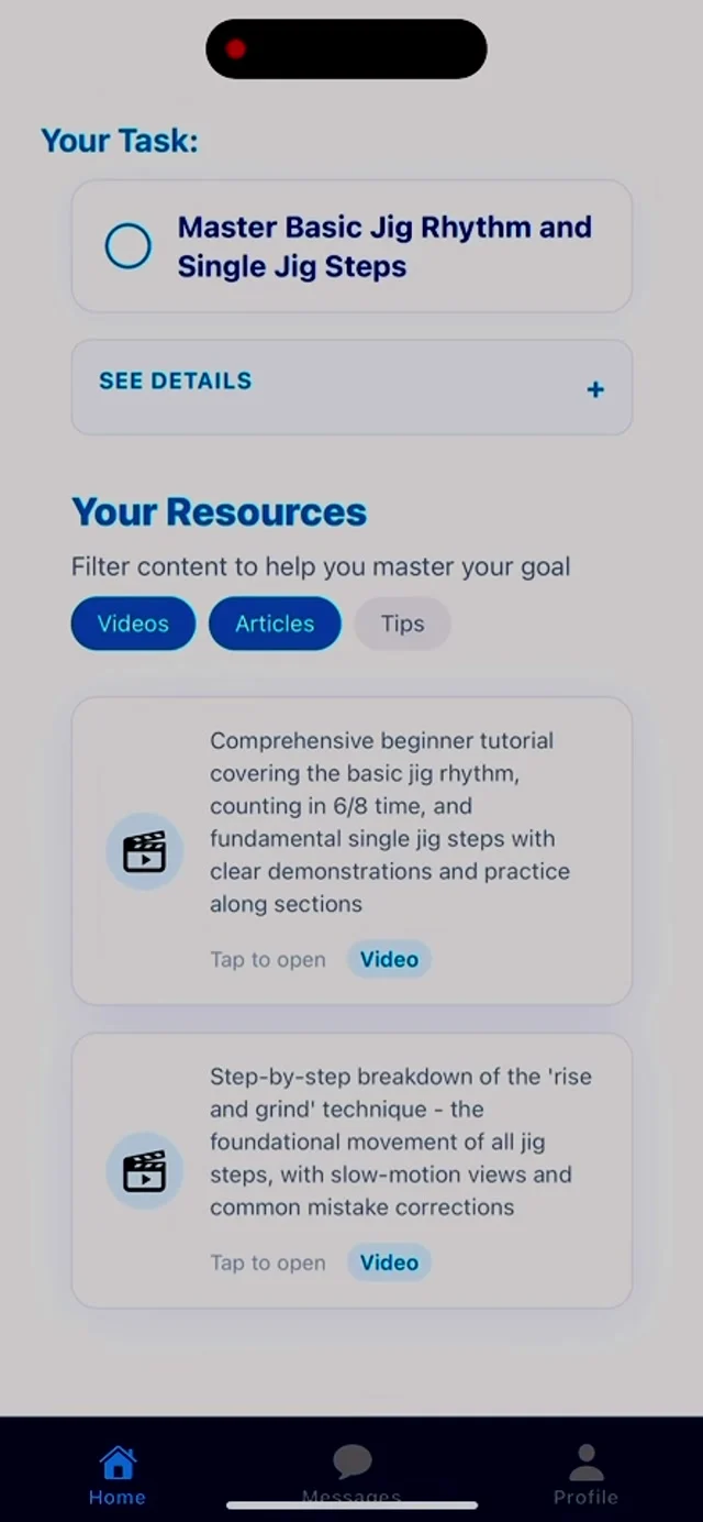 Frame from the original Goaly demo: a jig practice task, resource filters, and tutorial cards.