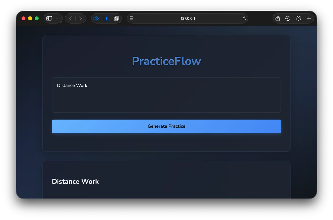 Original archived PracticeFlow screenshot: Distance Work entered in the web form above Generate Practice.
