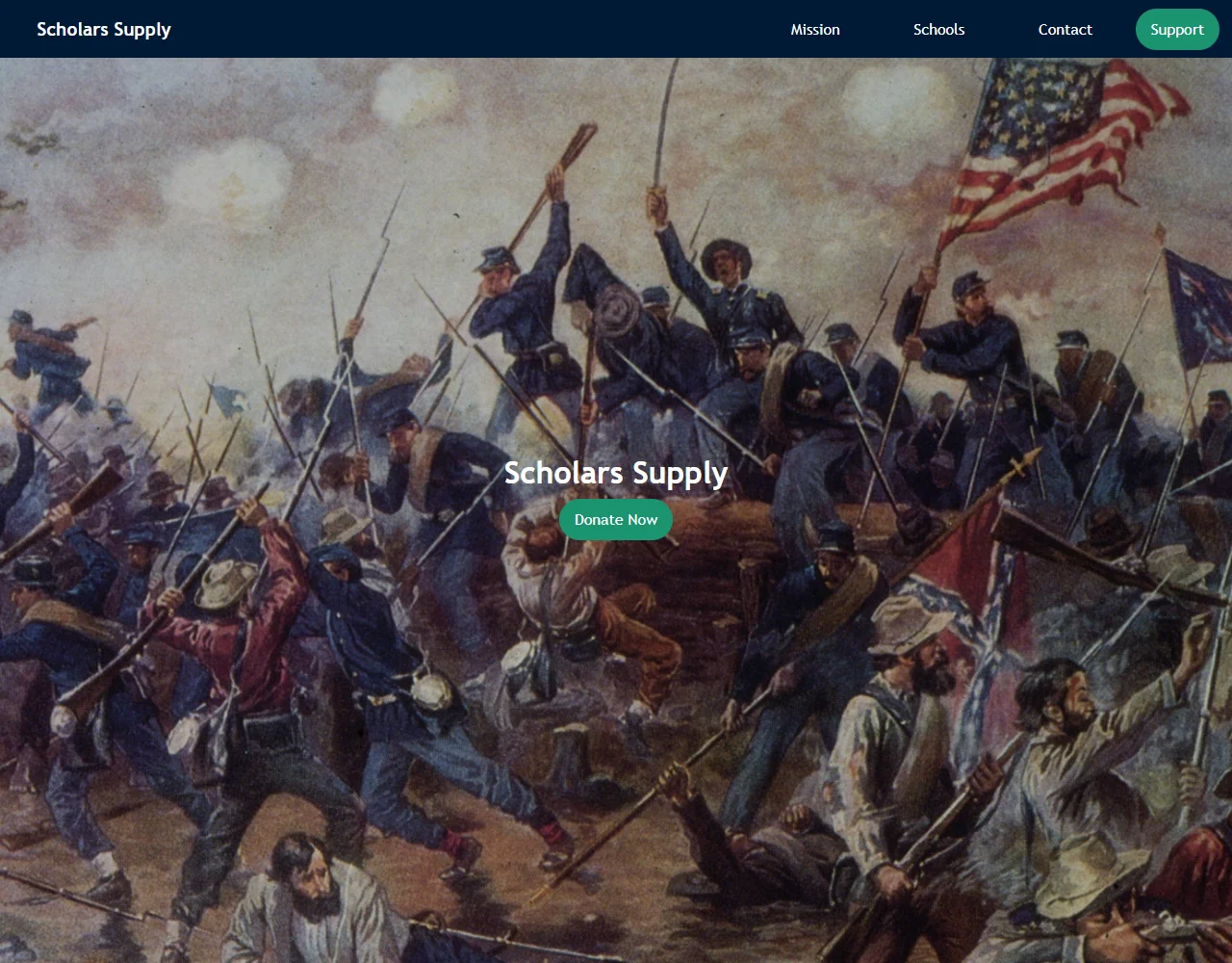 Local browser capture of the original Scholars Supply HTML/CSS prototype. Its sample partner and donation content does not establish real partnerships or a functioning donation service.