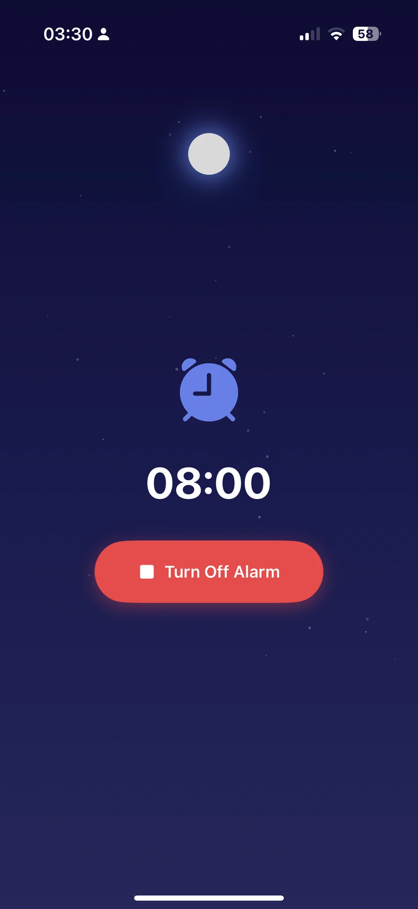 Original SureRise iPhone screenshot with an 08:00 alarm and Turn Off Alarm button.