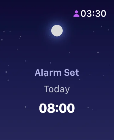 Original SureRise Apple Watch screenshot showing Alarm Set Today at 08:00.