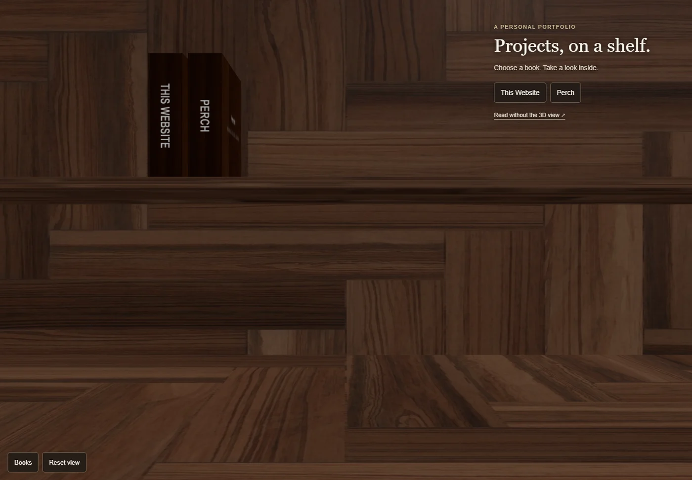 Screenshot of the earlier live portfolio with books for This Website and Perch.
